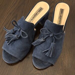 Karl Lagerfeld Paris Navy Suede Tassel Mule Sandals | Size 6 | Block Heel